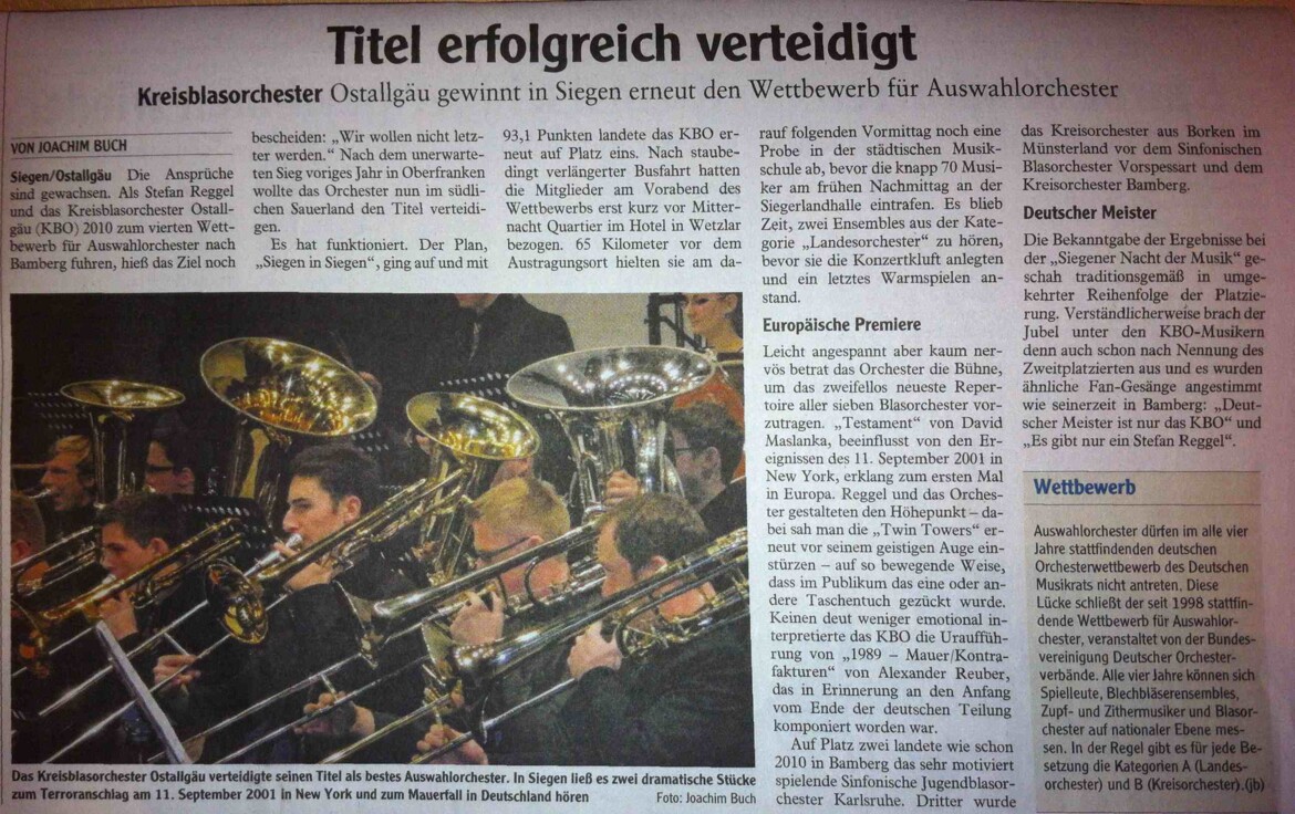 Presseartikel der Allgäuer Zeitung zur Titelverteidigung beim Deutschen Wettbewerb für Auswahlorchester im Bereich Kreisorchester