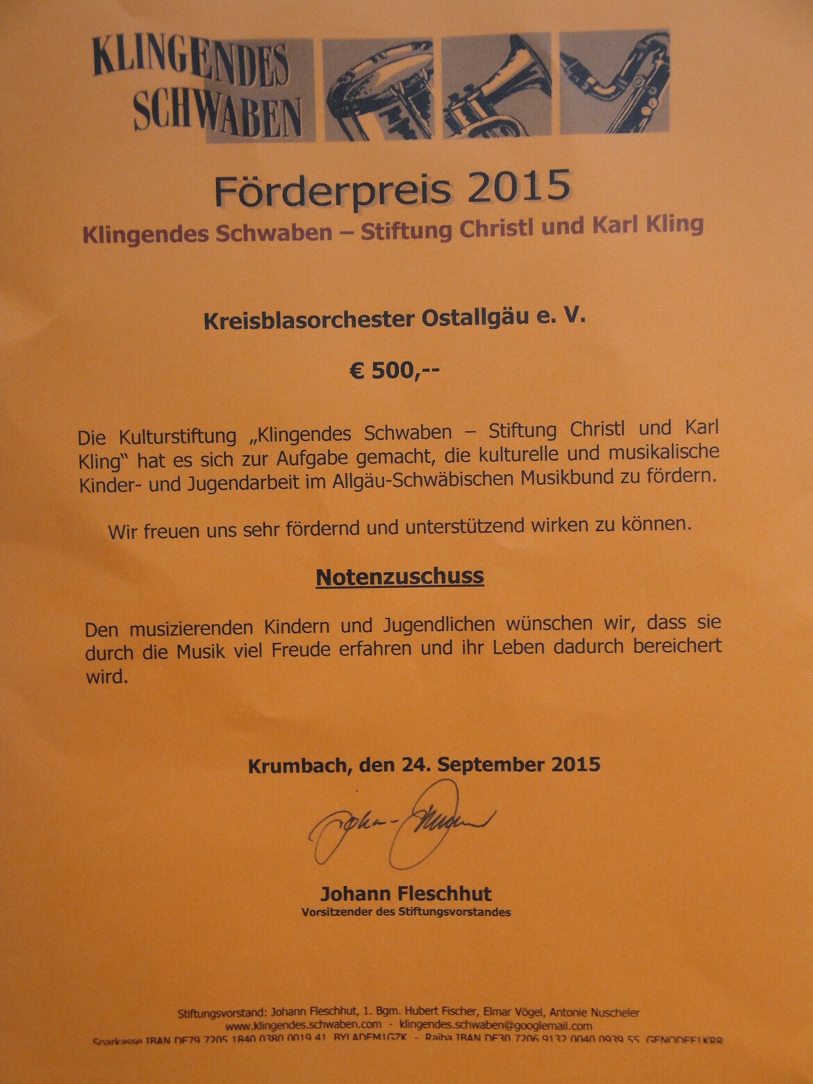 Urkunde zur Übergabe des Förderpreises der Stiftung Klingendes Schwaben vom 24.September.2015